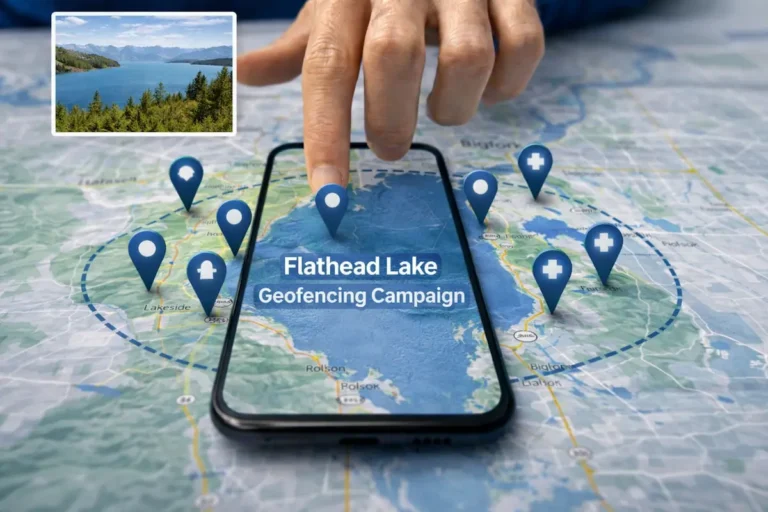 Smartphone map showing geofencing pins around Flathead Lake highlighting location-based advertising targeting