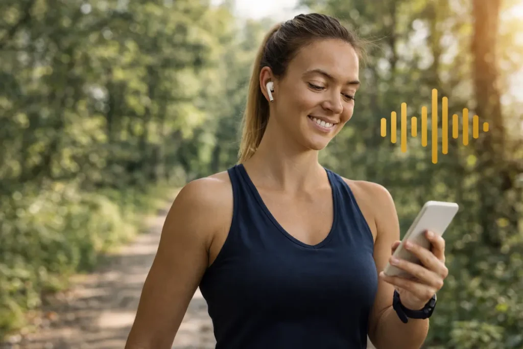Woman listening to streaming audio on her smartphone with wireless earbuds while walking outdoors